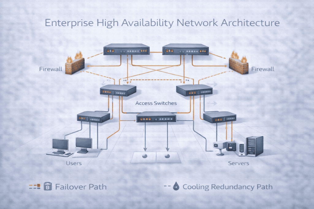 Enterprise high availability network architecture diagram showing redundant core switches, firewalls, and access layers with failover paths.