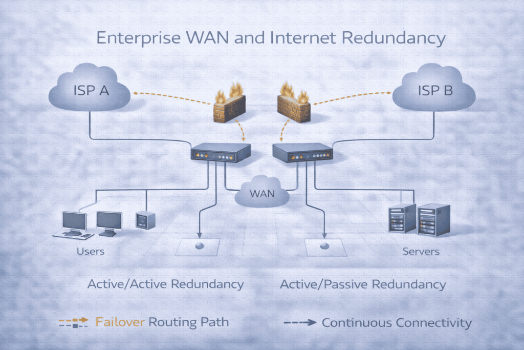 Enterprise WAN and internet redundancy diagram showing dual ISPs, failover routing paths, and continuous connectivity.