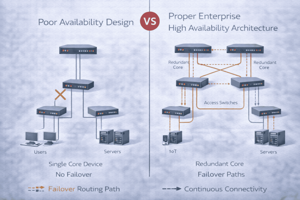 Split illustration comparing poor availability design versus proper enterprise high availability architecture.