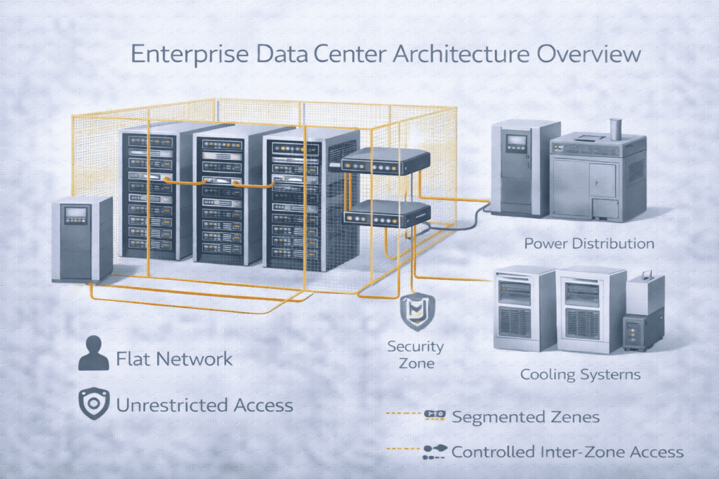 Enterprise server room diagram illustrating power distribution, UPS systems, cooling units, environmental monitoring, and physical security controls.
