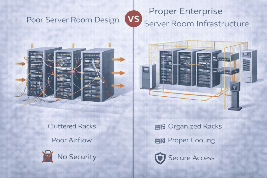 Split illustration comparing poor server room design versus proper enterprise server room infrastructure.
