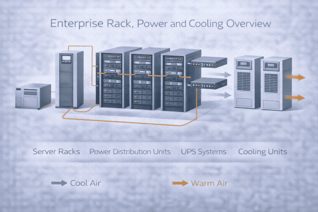 Enterprise rack, power, and cooling overview diagram showing server racks, power distribution units, UPS systems, cooling units, and airflow paths.
