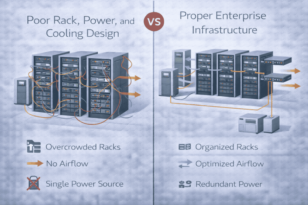 Split illustration comparing poor rack, power, and cooling design versus proper enterprise infrastructure.
