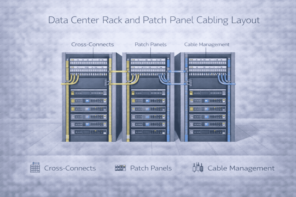 Data center rack and patch panel cabling layout showing cross-connects, patch panels, and cable management systems.