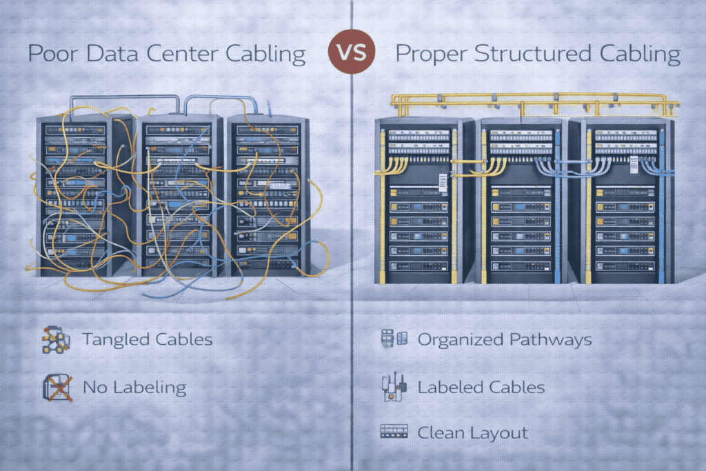 Split illustration comparing poor data center cabling practices versus proper structured cabling standards.